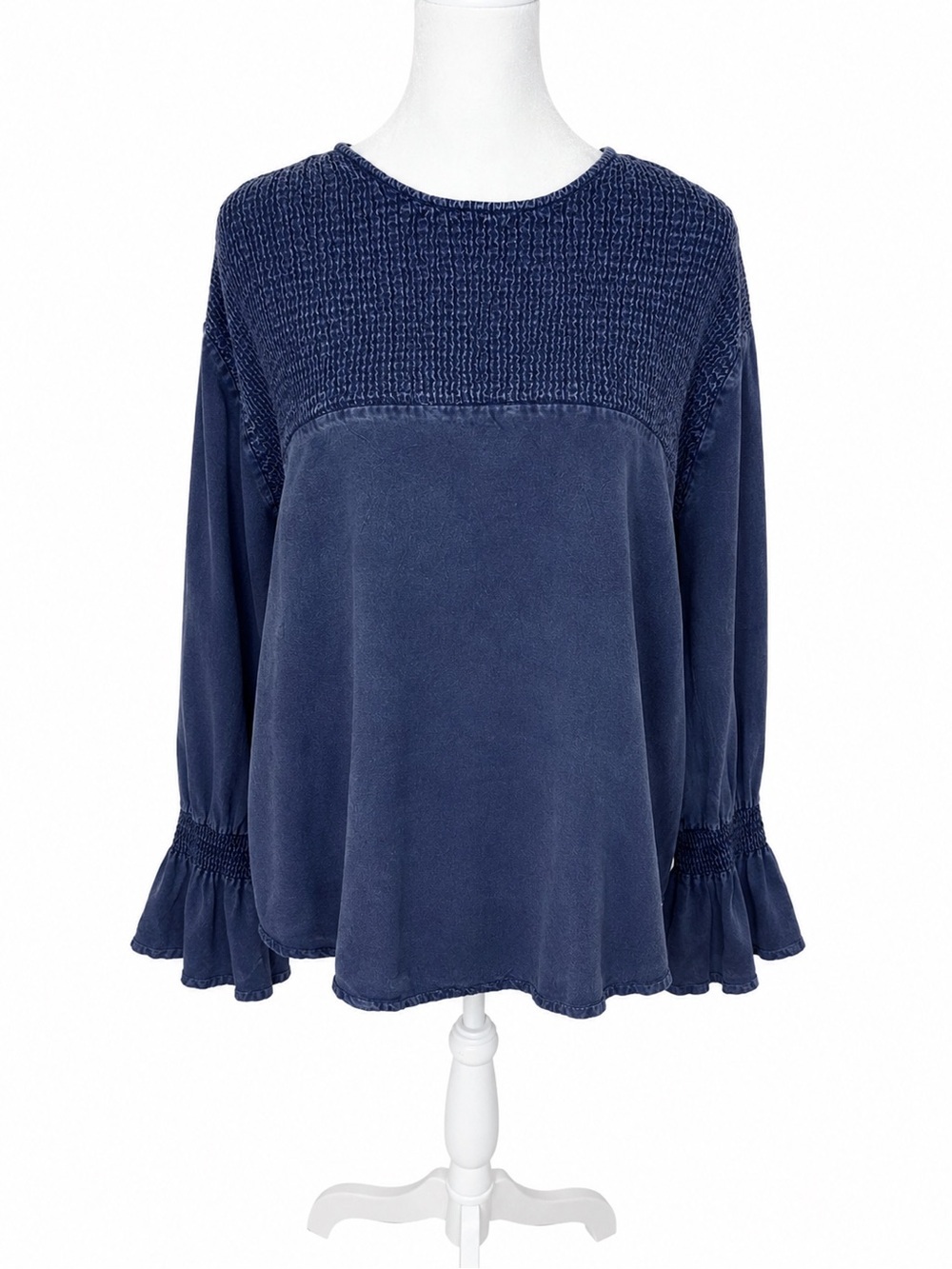 Ashley Stewart Navy Smocked Yoke Ruffle Cuff Blouse
